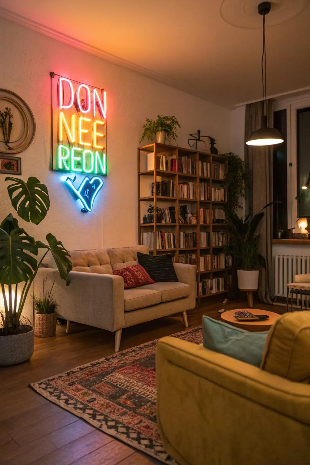 A luminous sign infuses a contemporary element into your streaming configuration.