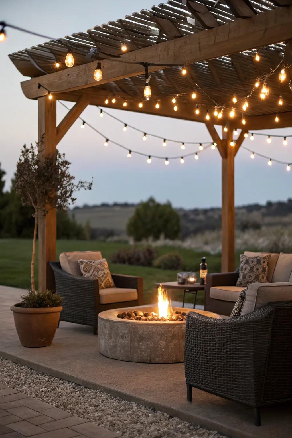 Twinkle lights beneath a pergola fashion a refined, contemporary ambiance.