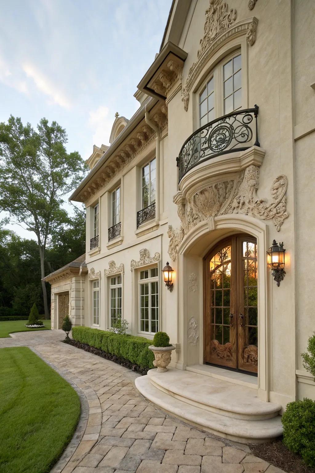 Elaborate shapes bring sophistication to this grand stucco home.