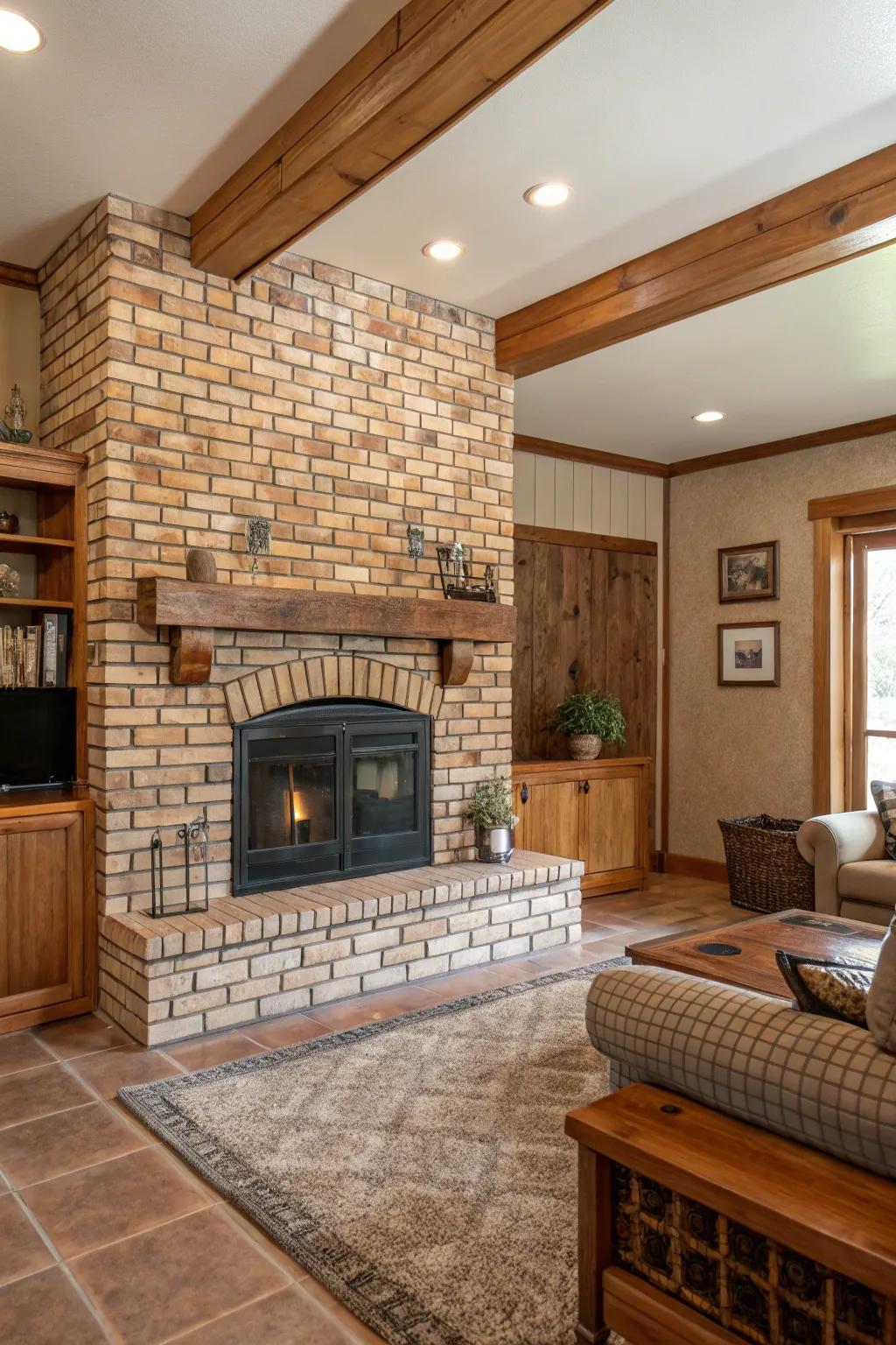 Stone impression rectangular tiles contribute country charm to this welcoming area.