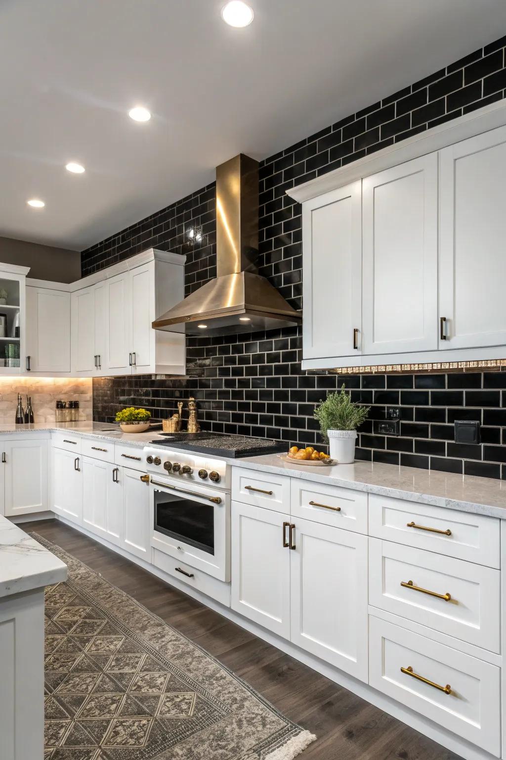 Black standard tiles provide the kitchen a striking and sophisticated atmosphere.