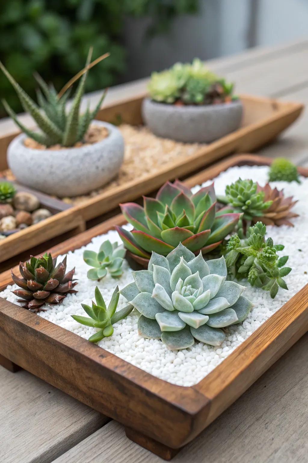 A zen-inspired succulent garden adorned with pebbles.