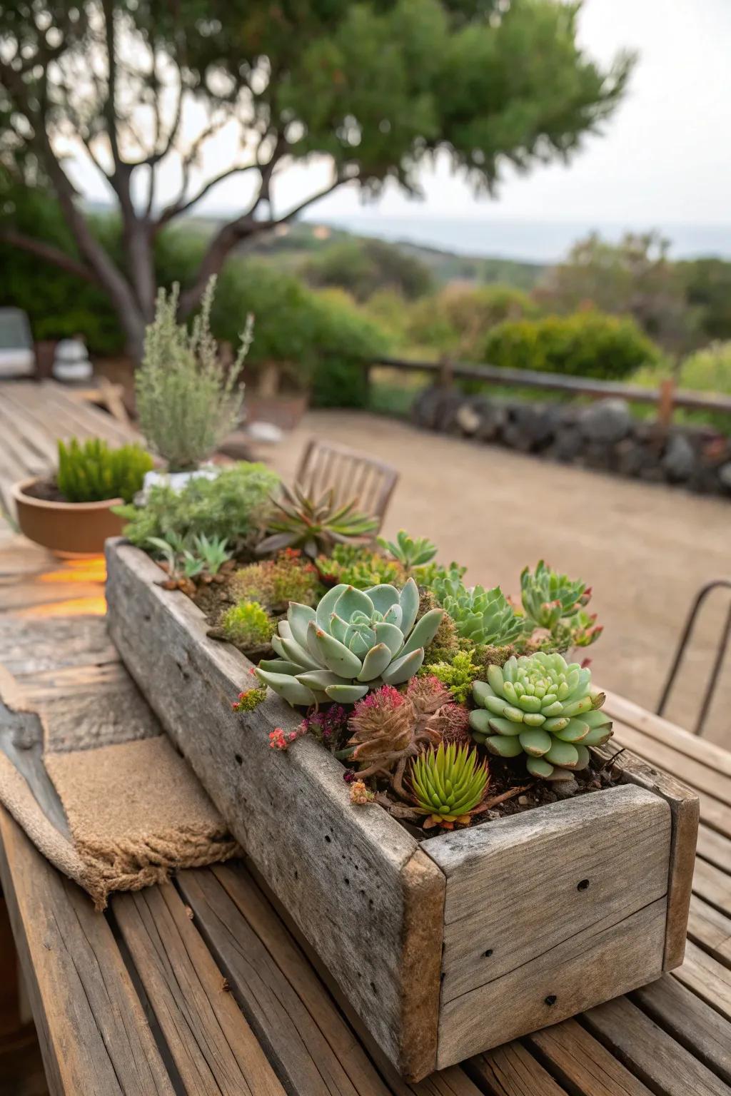 Timber planters contribute rustic appeal to succulent arrangements.