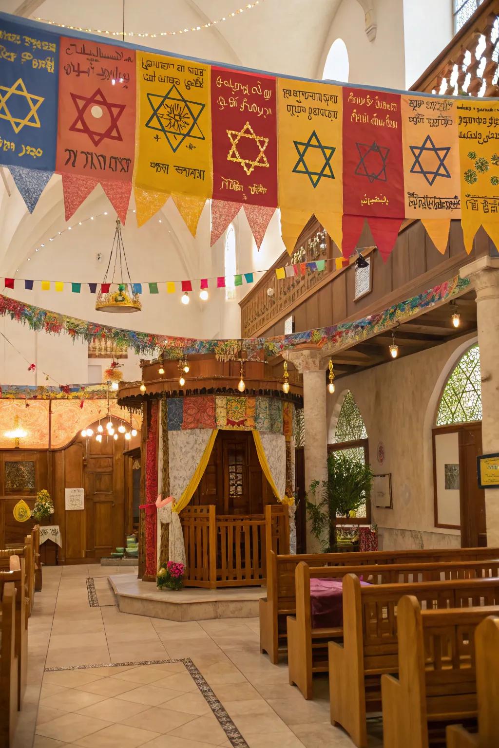 A cheerful sukkah interior showcasing celebratory banners and signage.