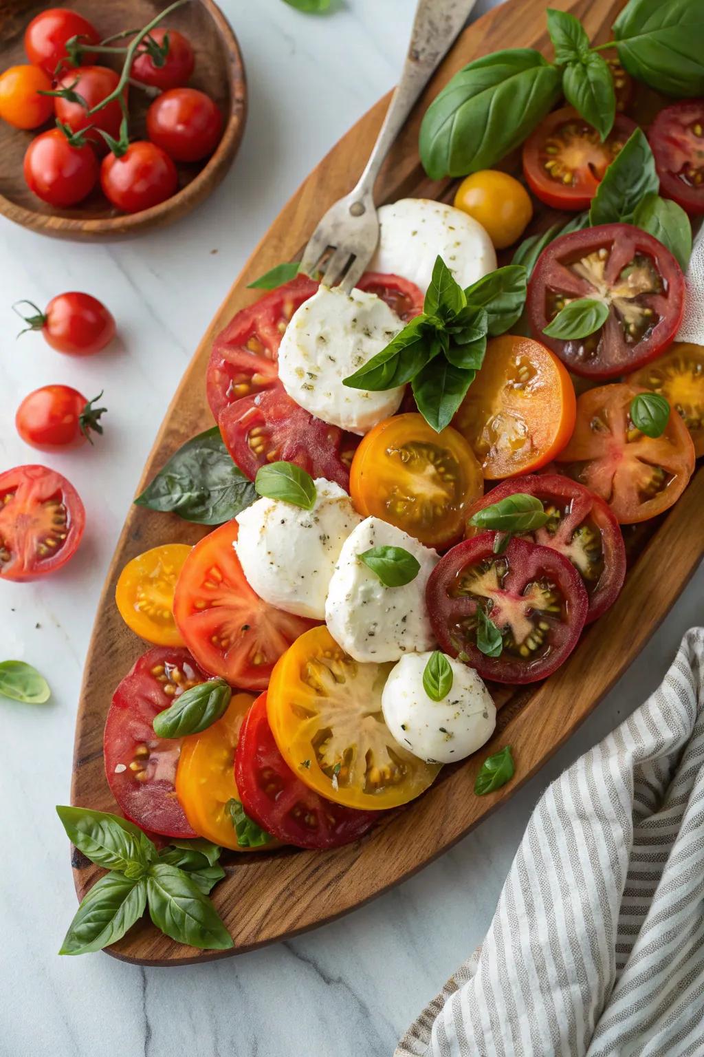 A bright Caprese salad display that embodies the colors of summer.