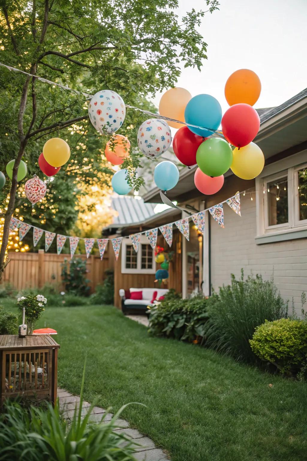 A yard embellished with radiant balloons and a festive banner.