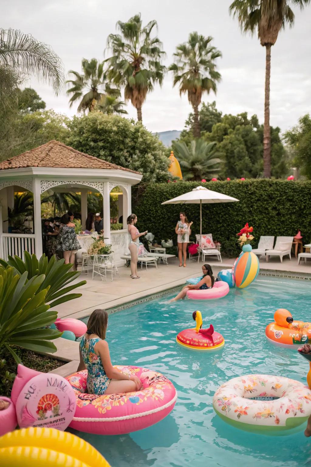 A fun retro pool party with vibrant inflatables and classic swimwear.