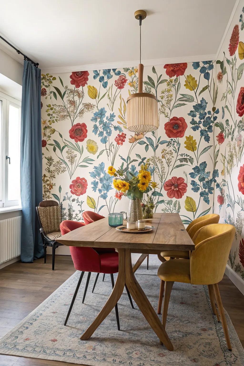 Add a dash of romance using botanical wall covering.