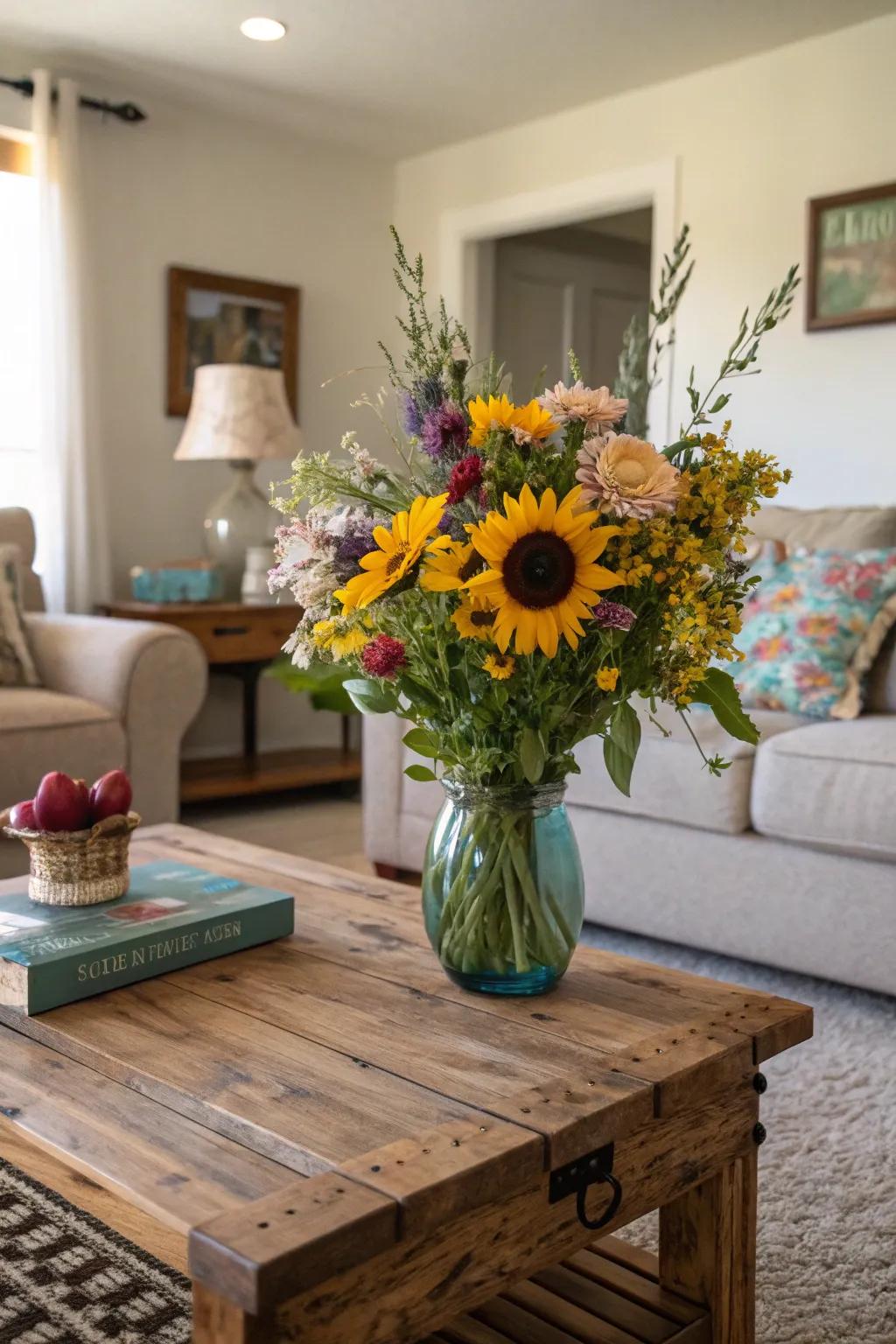 Convey the essence of a meadow inside your home via an amalgamation of sunflowers and wildflowers.
