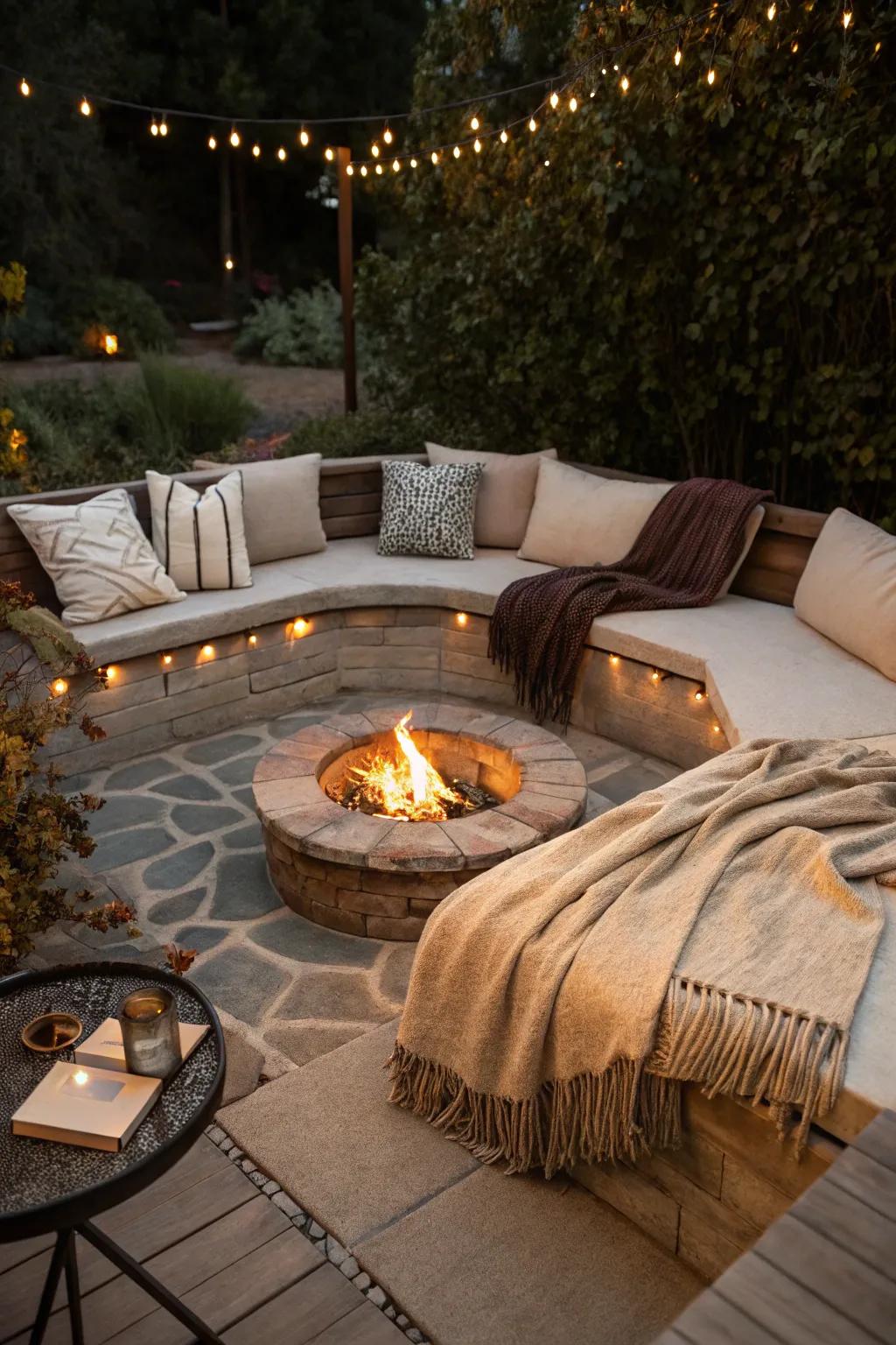 A comfy and inviting ground-level fire feature space.