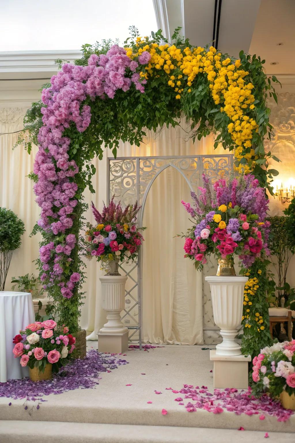 An abundant floral arrangement backdrop that cultivates a blossoming sanctuary ambiance.
