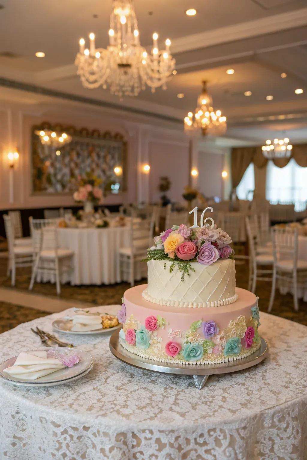 A cake of gentle pastel grandeur, infusing a dreamy ambiance into the gathering.
