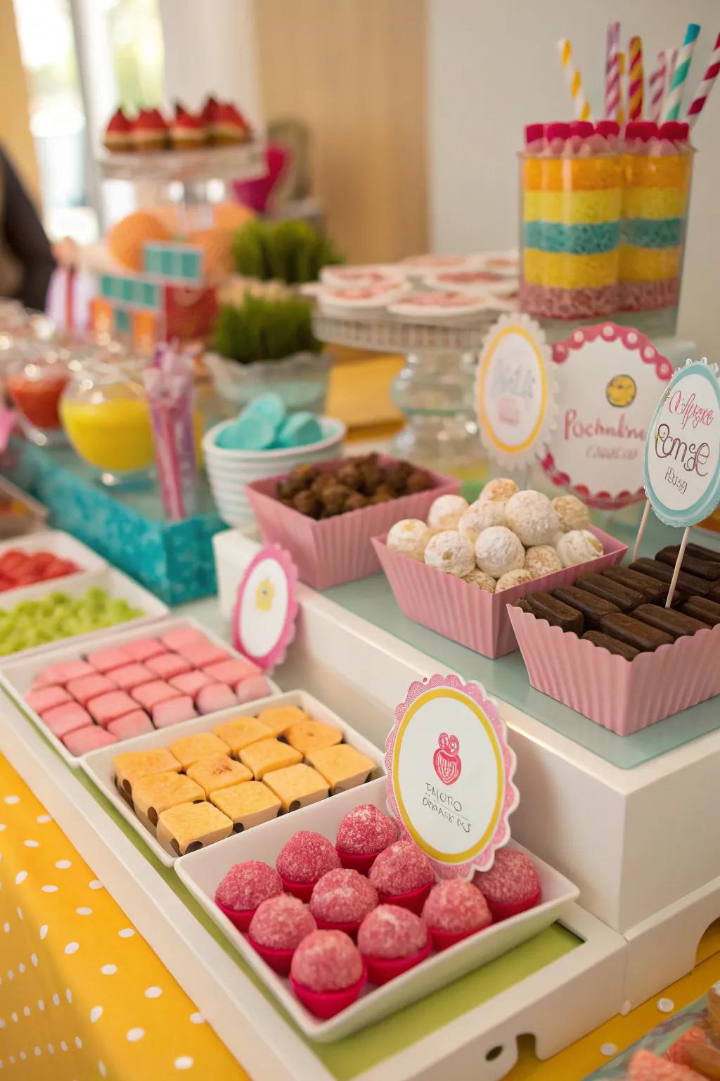 A customizable sweets station incorporates a lovely touch to any Sweet 16 celebration.