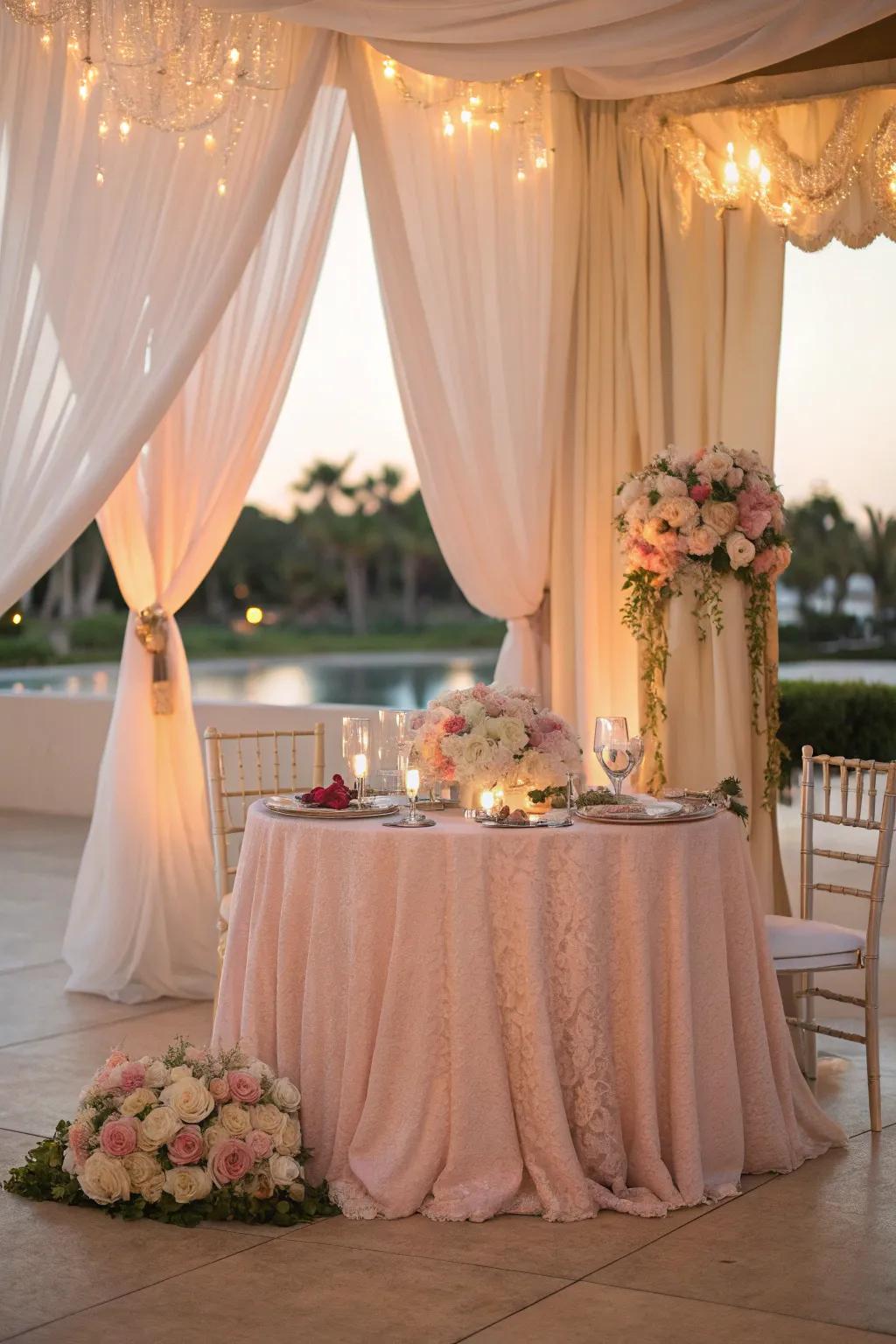 A romantic sweetheart table embellished with graceful drapery and soft textiles.