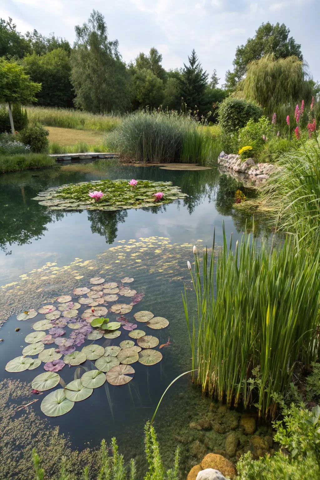 Aquatic vegetation provides natural purification and a hint of refinement to the natural pool.