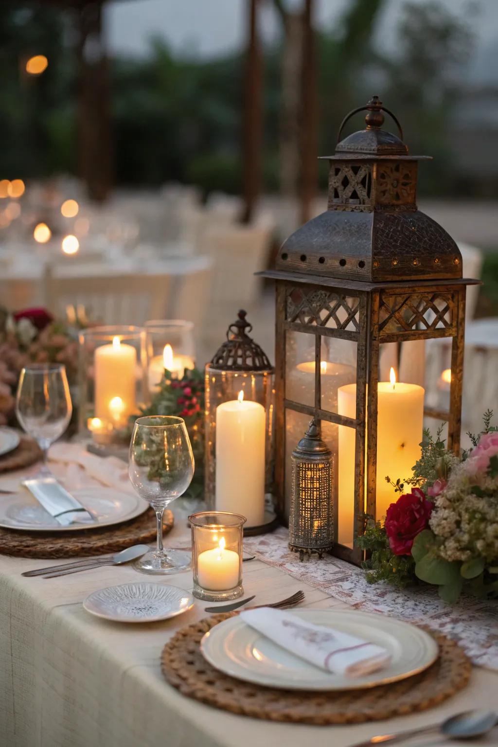 Candles and lanterns spread a welcoming glow across your dining atmosphere.