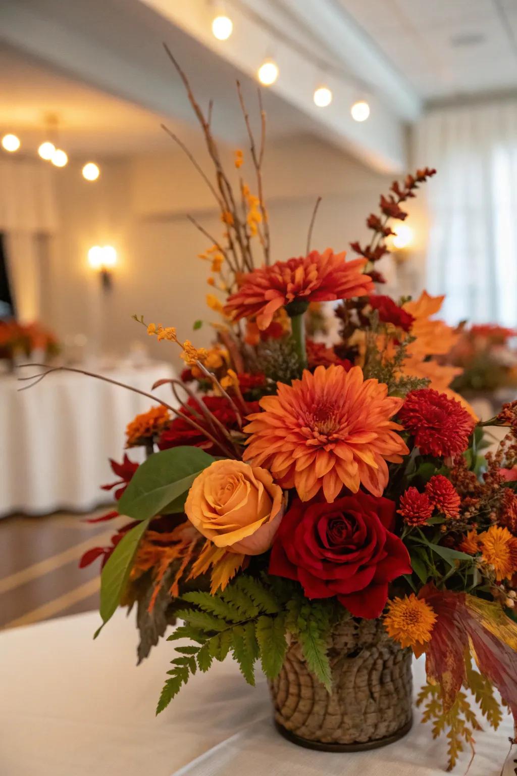 A seasonal floral centerpiece that captures autumn's rich and inviting tones.
