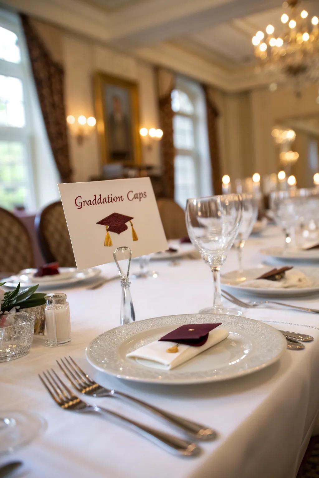 Individualized guest markers featuring miniature graduation caps create a special feeling for each attendee.