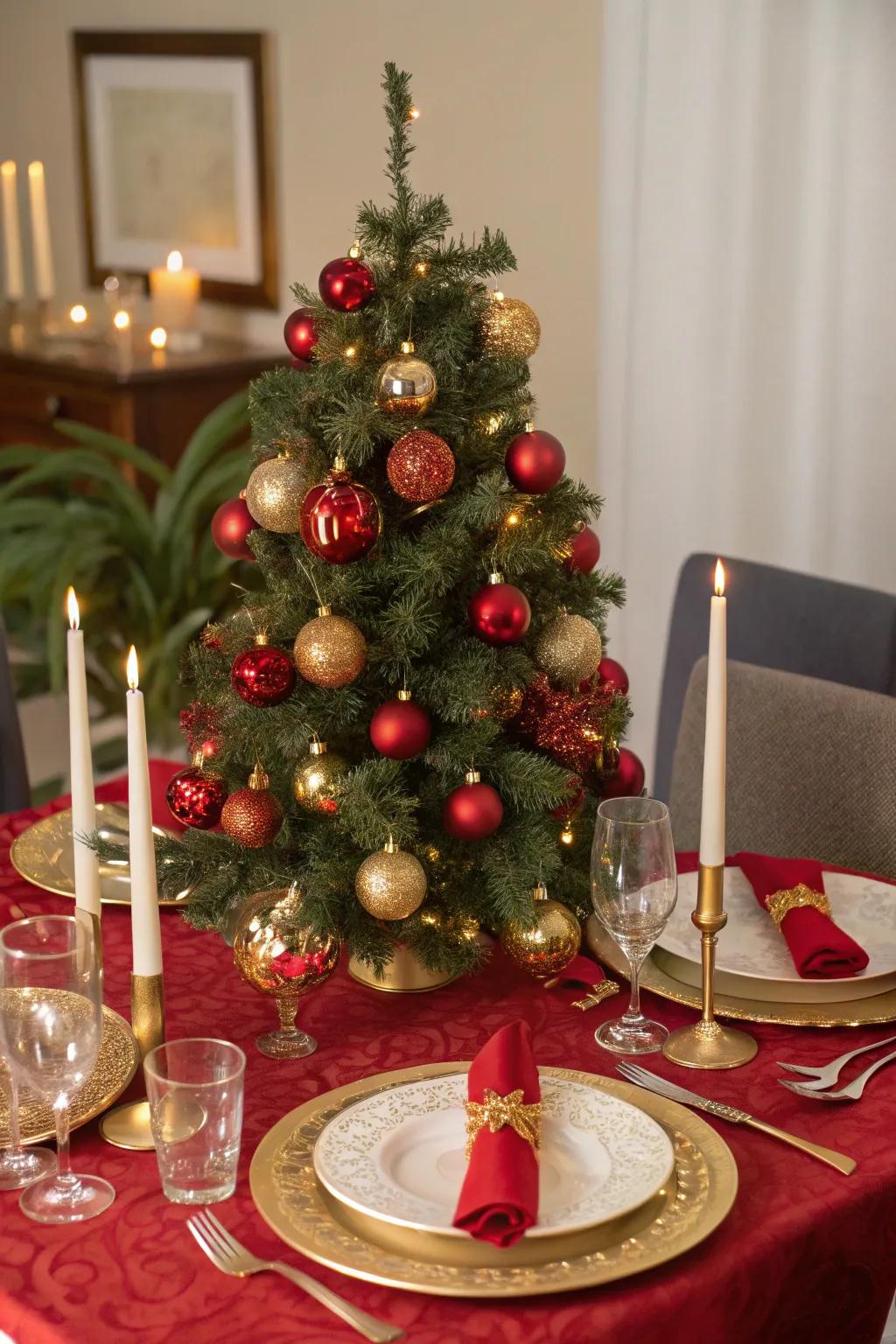 A classic Christmas tree for a table, themed in scarlet and gold.