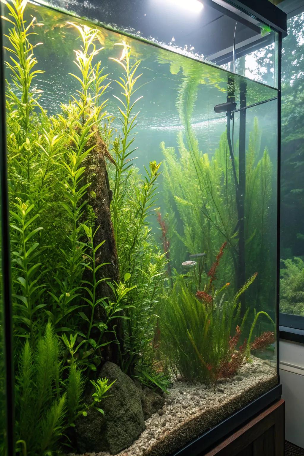 A mesmerizing submerged rainforest nestled within an elongated aquarium.