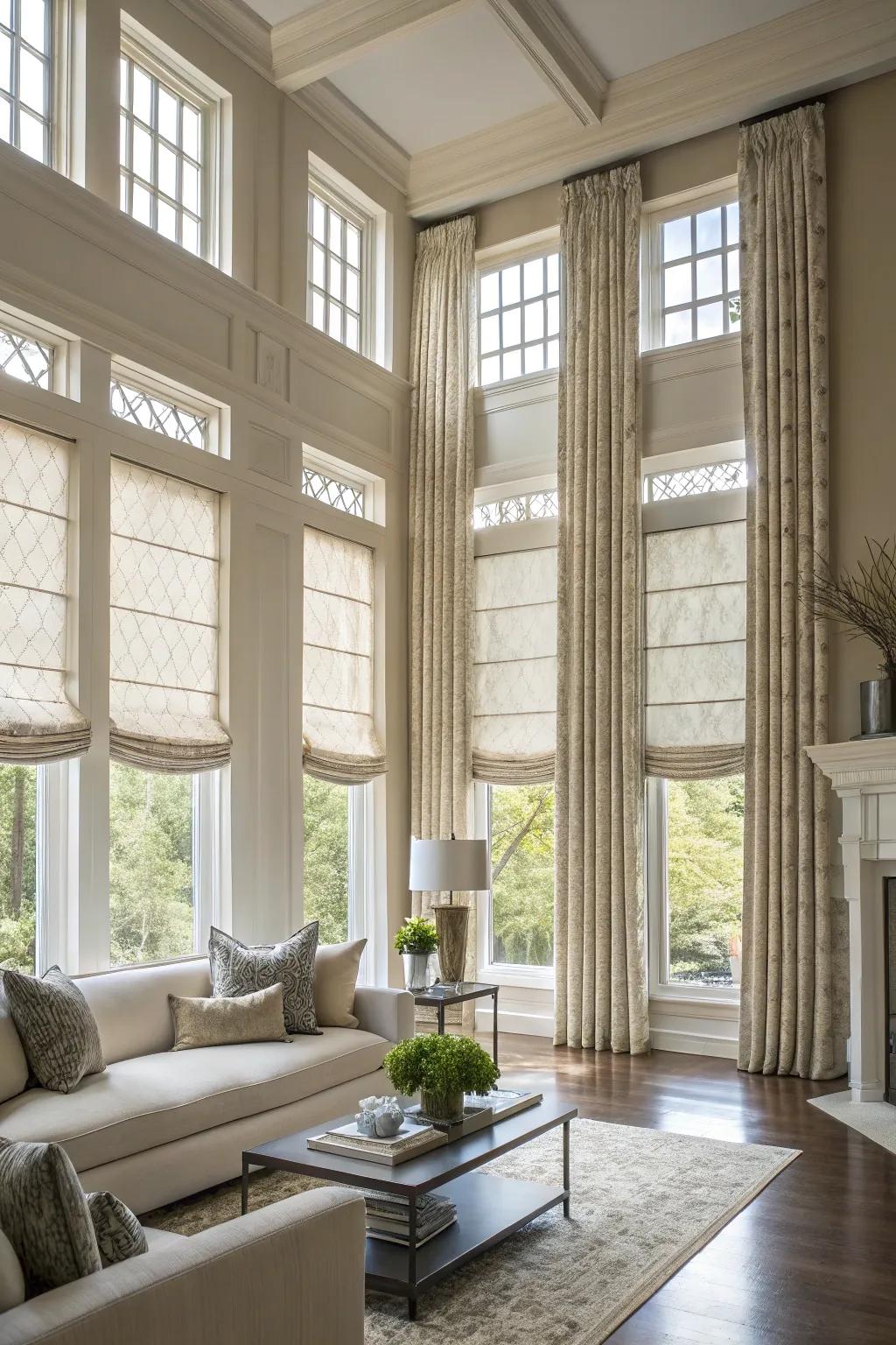 Fabric shades contribute a dash of refinement to expansive windows.