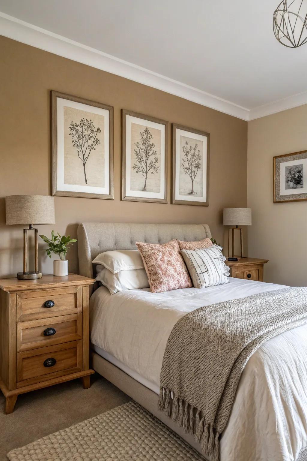 A wall with a tan accent enriches the space with warmth and sophistication.