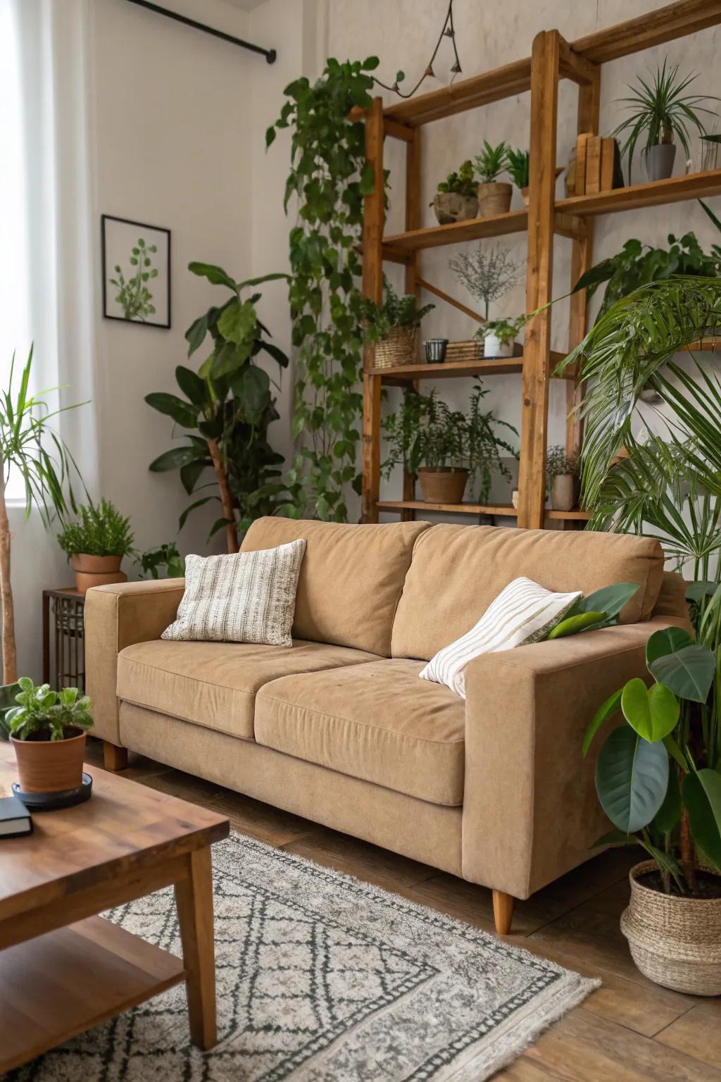 Natural pieces like plants and timber enhance warmth and liveliness.