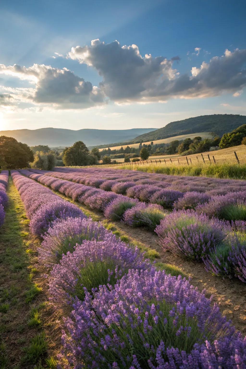 Lavender at peak bloom, giving a sophisticated purple accent to your tea garden.