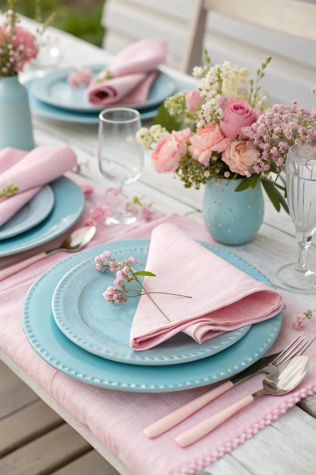 A pastel-themed table setting with soft pinks and blues.