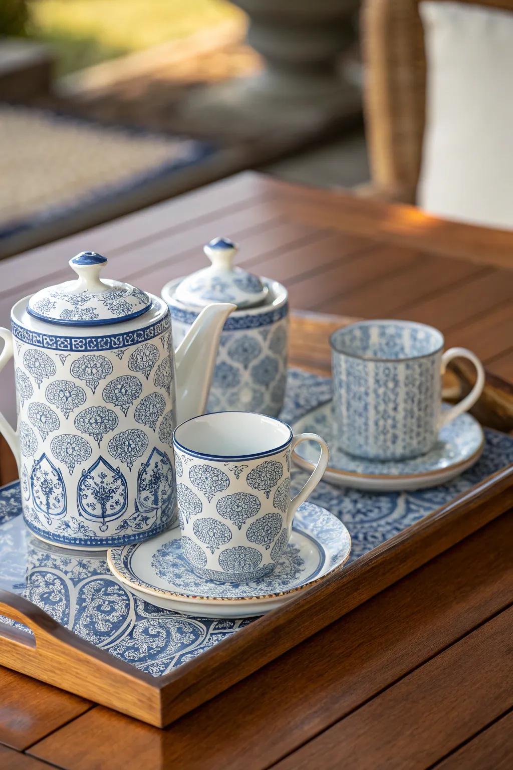 A blue and white tea service exhibiting global sophistication.