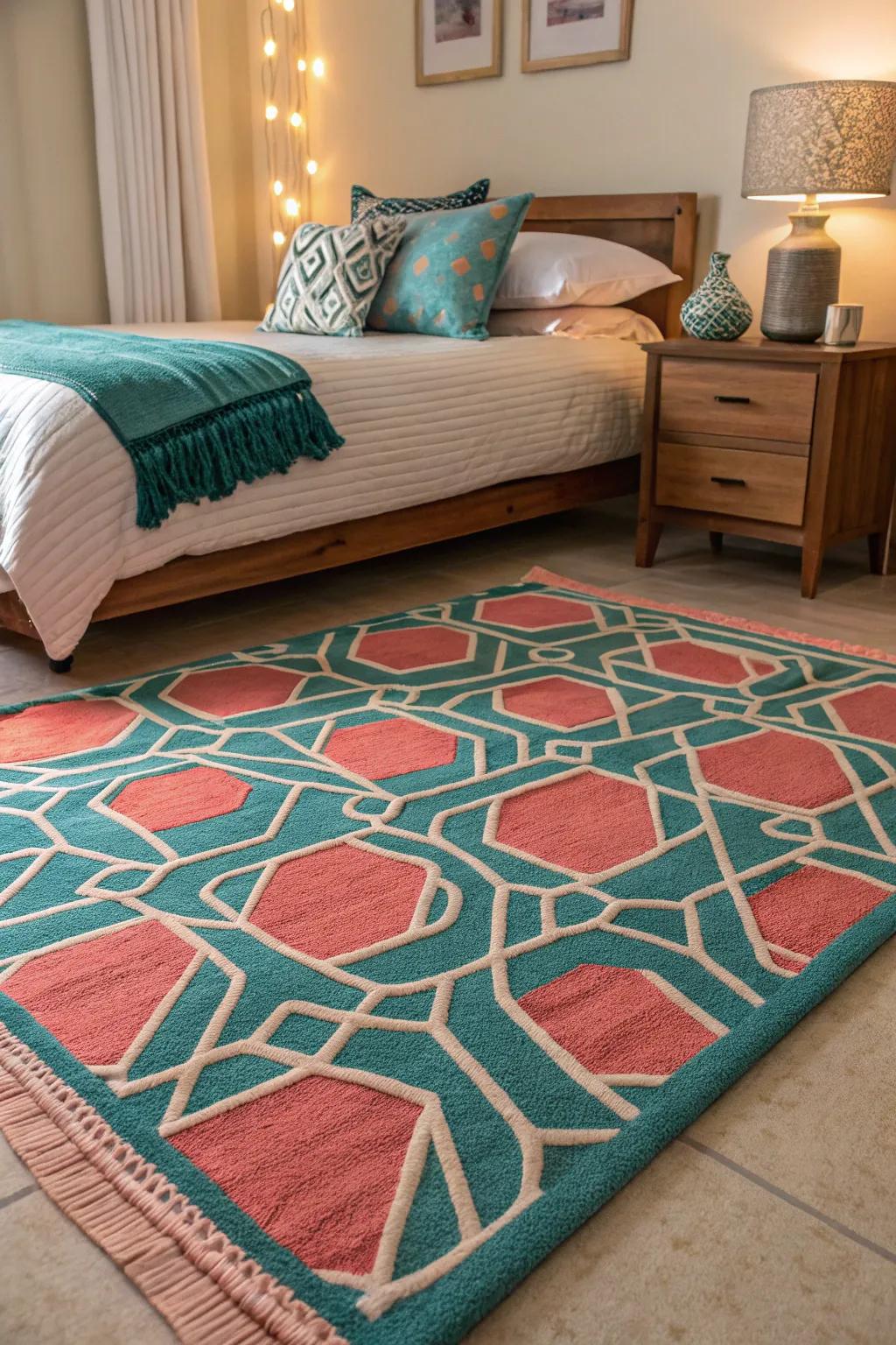 Modern geometric designs incorporating teal and coral.