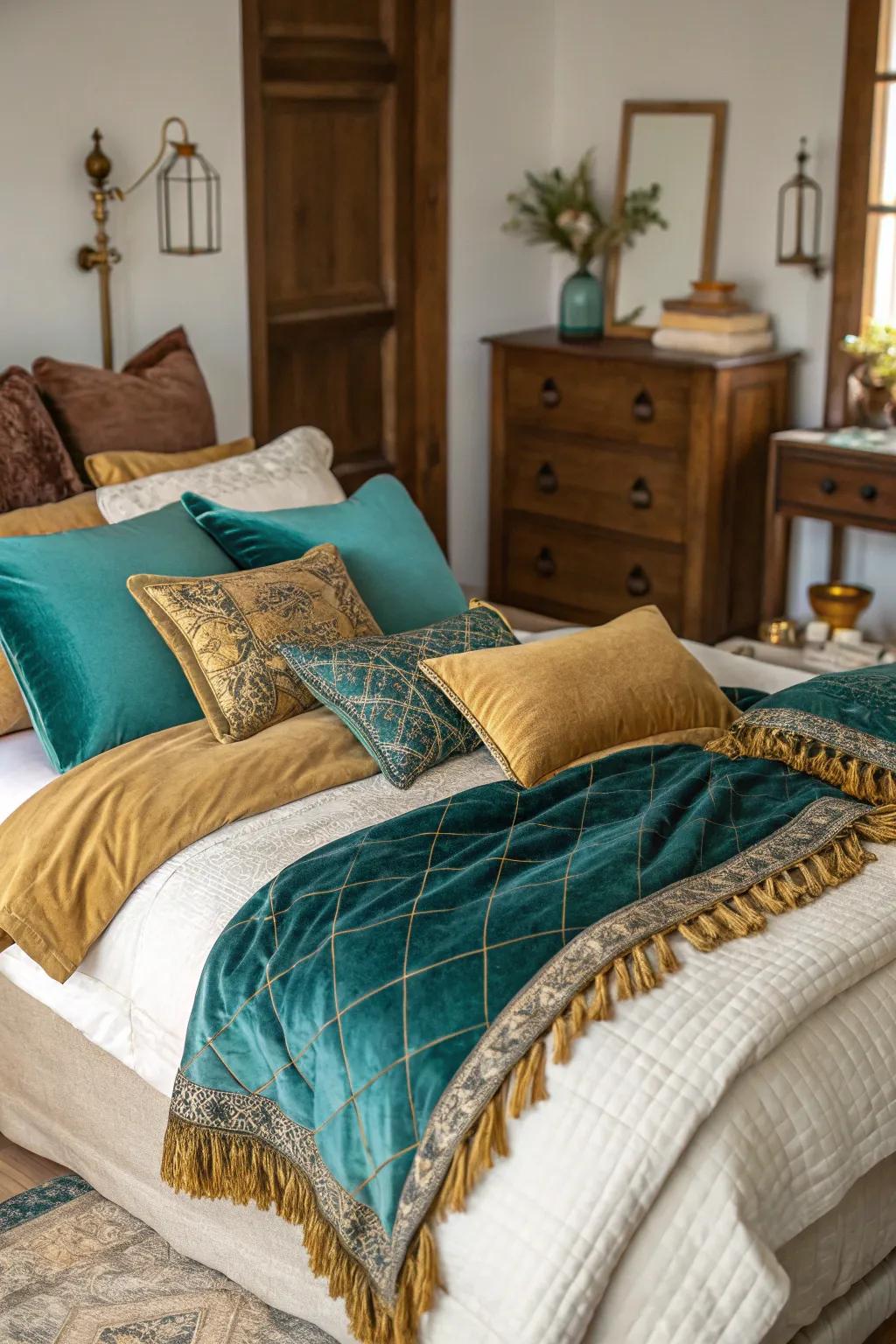 Sumptuous textiles in teal and gold deliver coziness and texture to this bedroom.