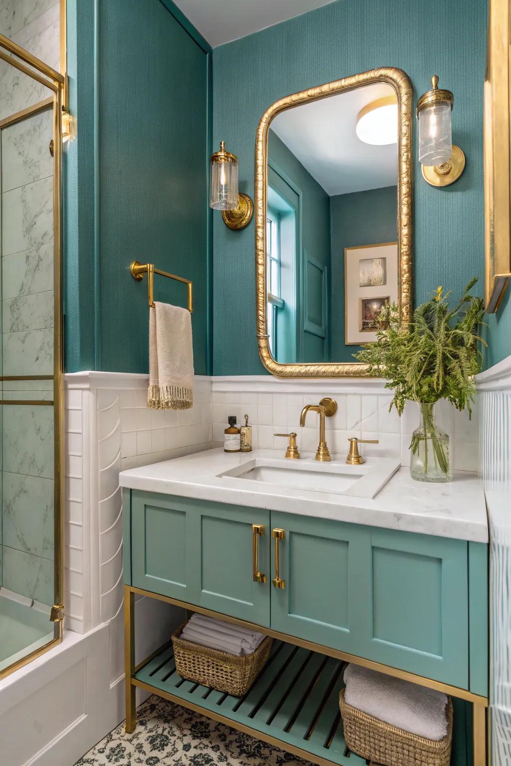 Incorporate a hint of opulence with aquatic green and gilded highlights.