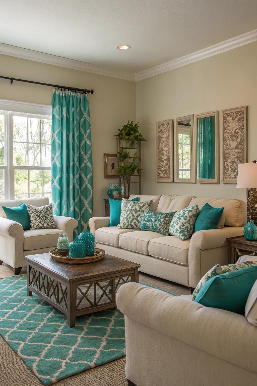 Neutral tones wonderfully complement the boldness of azure in this peaceful setting.