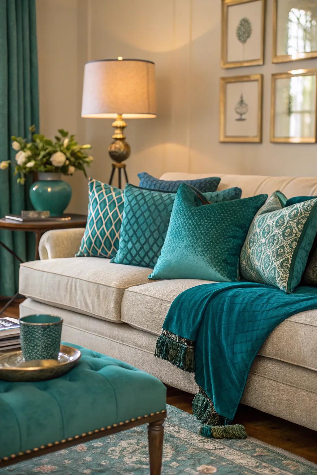 Layered fabrics in teal and turquoise contribute warmth and intrigue.