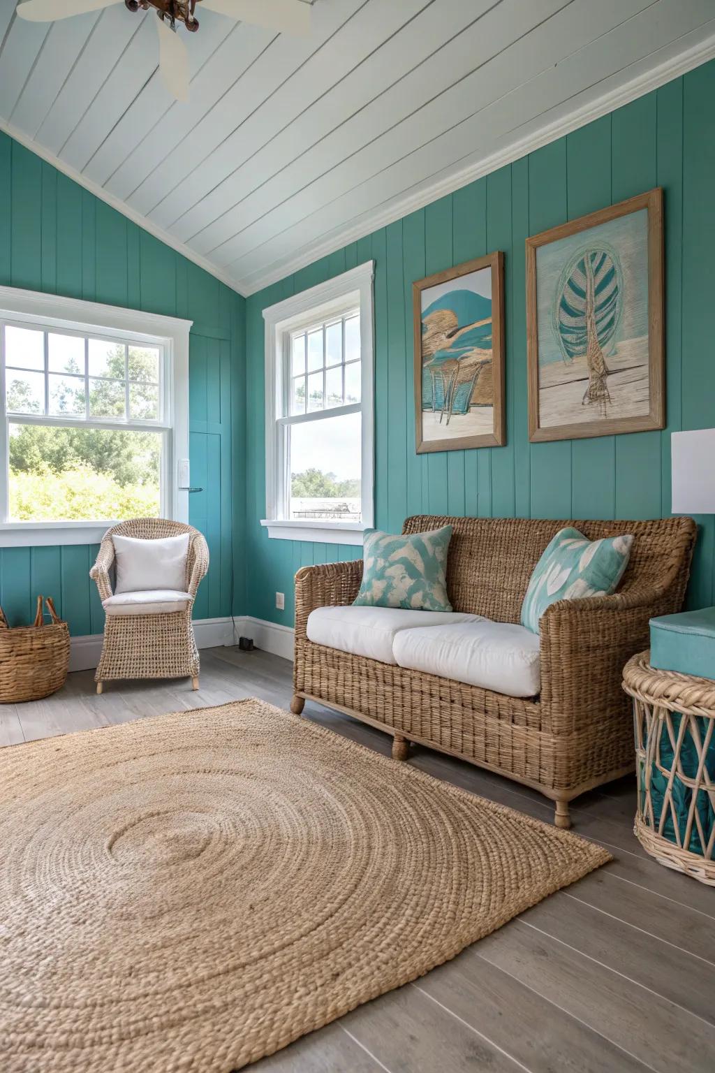 Nautical-inspired design featuring teal walls and organic textures.