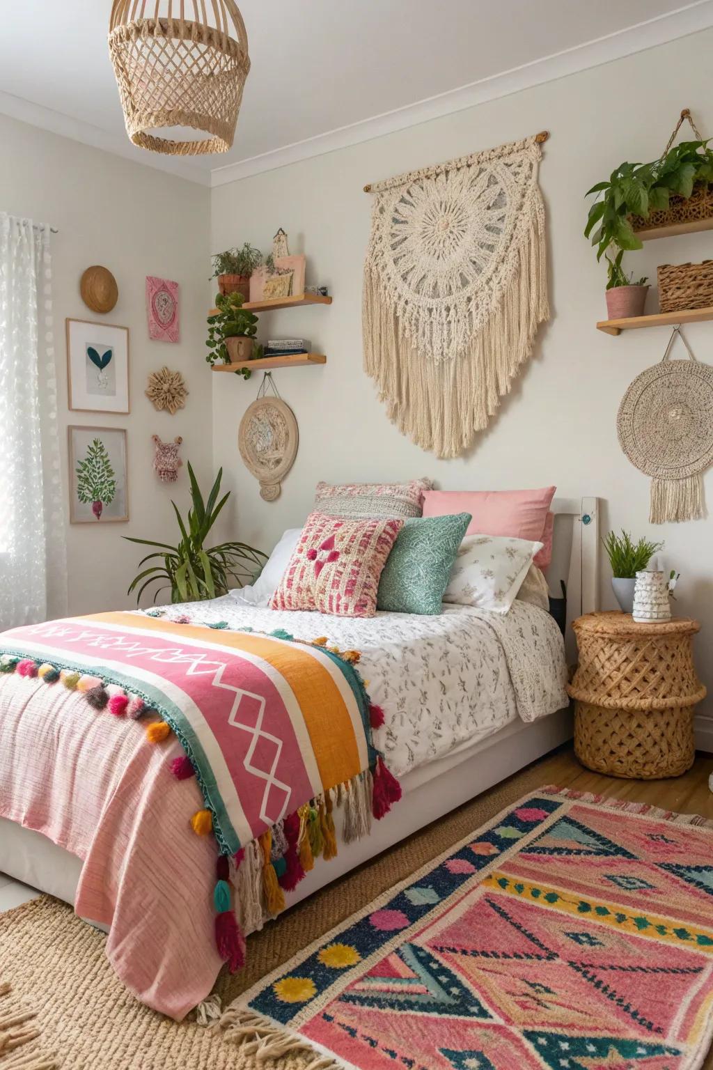 A bohemian-inspired teenage girl's bedroom featuring diverse textures and eclectic decorations.