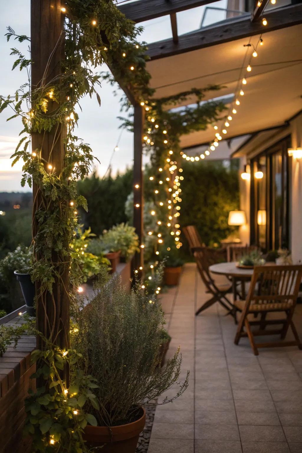 Fairy lights contribute a dash of whimsy to your terrace.