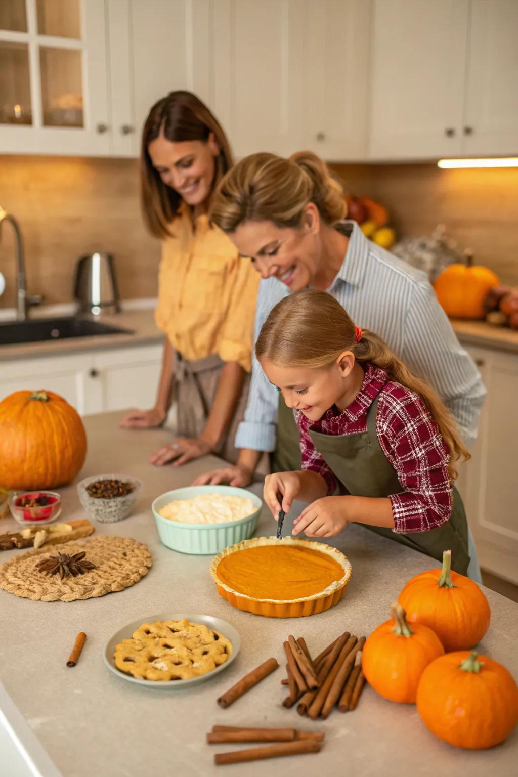A family fashioning Thanksgiving confections in unison, encompassed by seasonal constituents.