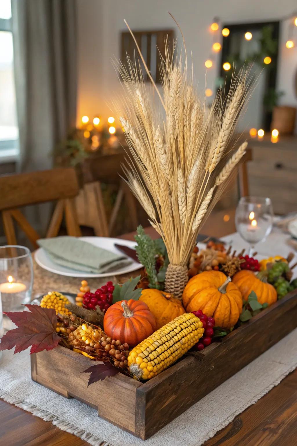 A classic harvest theme featuring grain, maize, and gourds.
