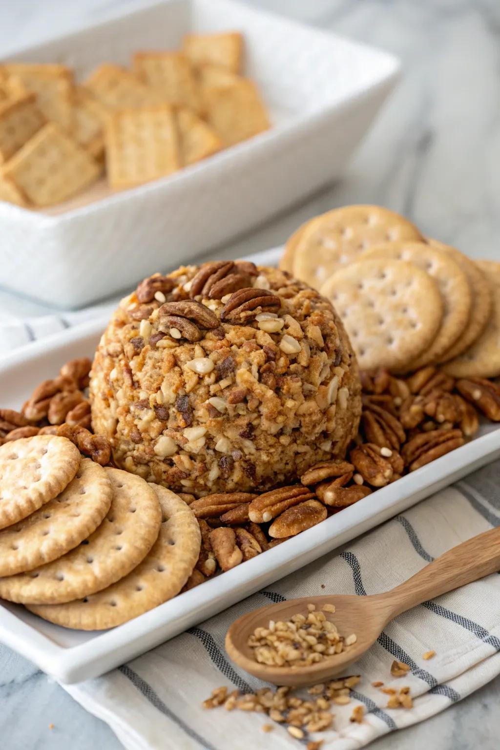 A pecan-encrusted cheese sphere, prepared to be enjoyed.