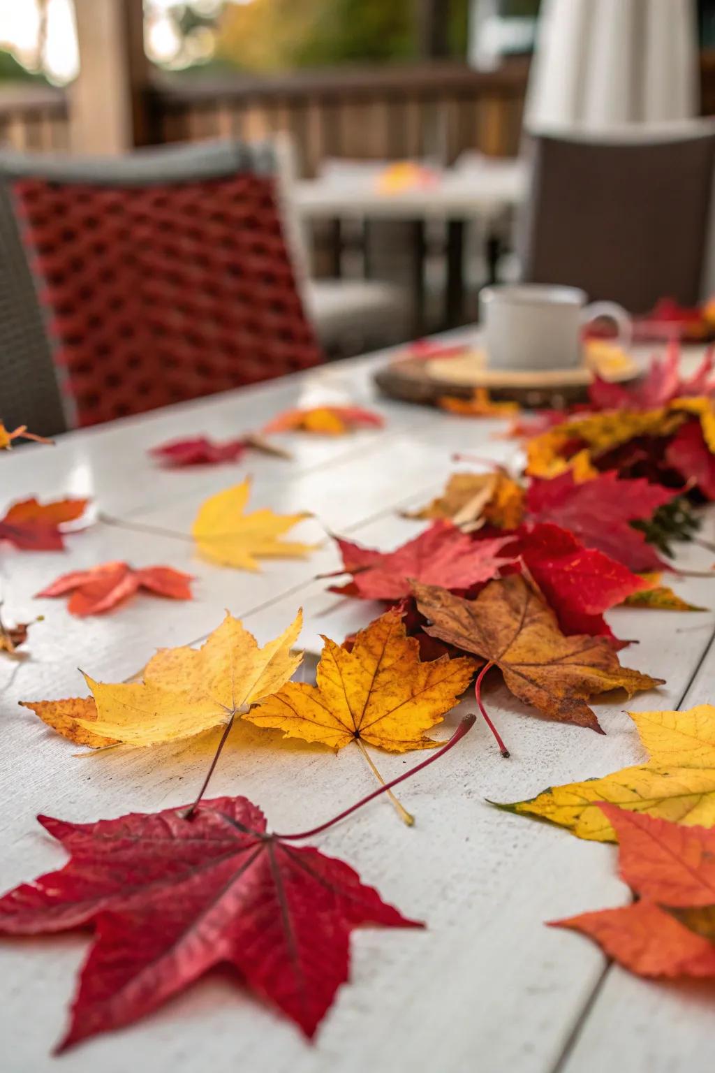 Bright seasonal leaves elegantly arranged on a tabletop.