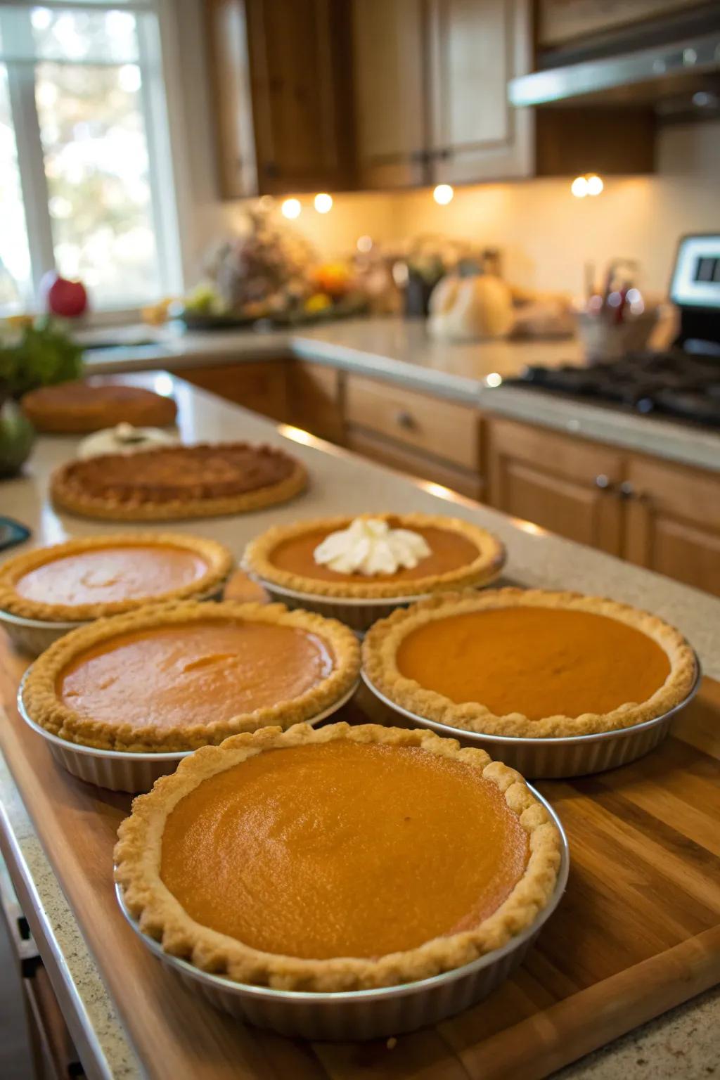 An array of pumpkin pies ready for the taste test.