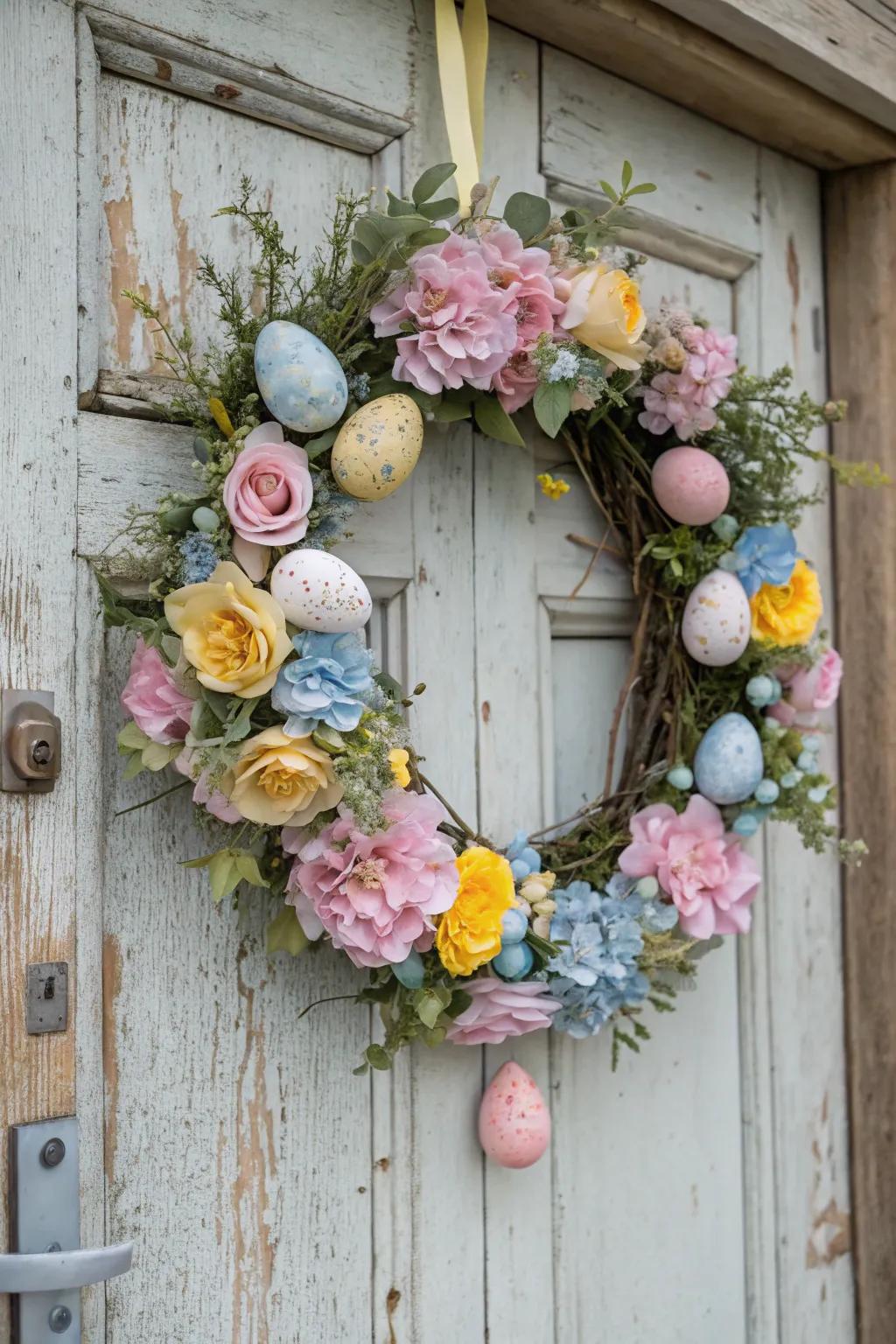 An eccentric Easter garland to greet visitors.