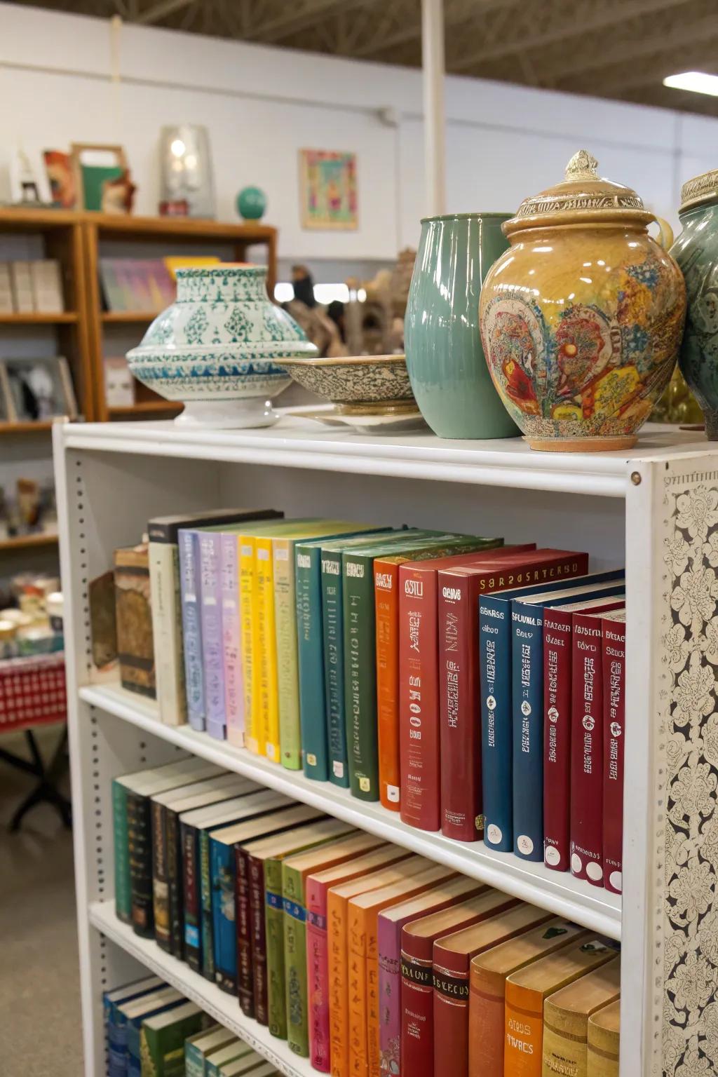 A dynamic tiered exhibit featuring hue-coordinated literature.