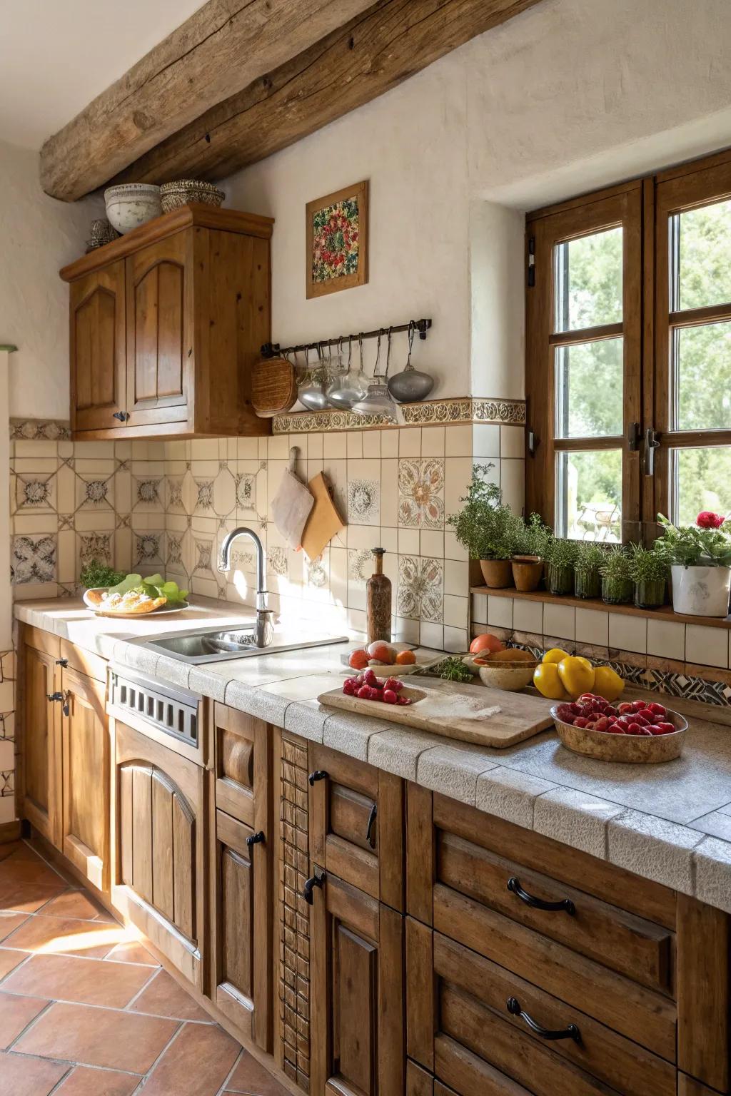 Timeless tiles contribute comfort and distinctiveness to this welcoming cooking area.