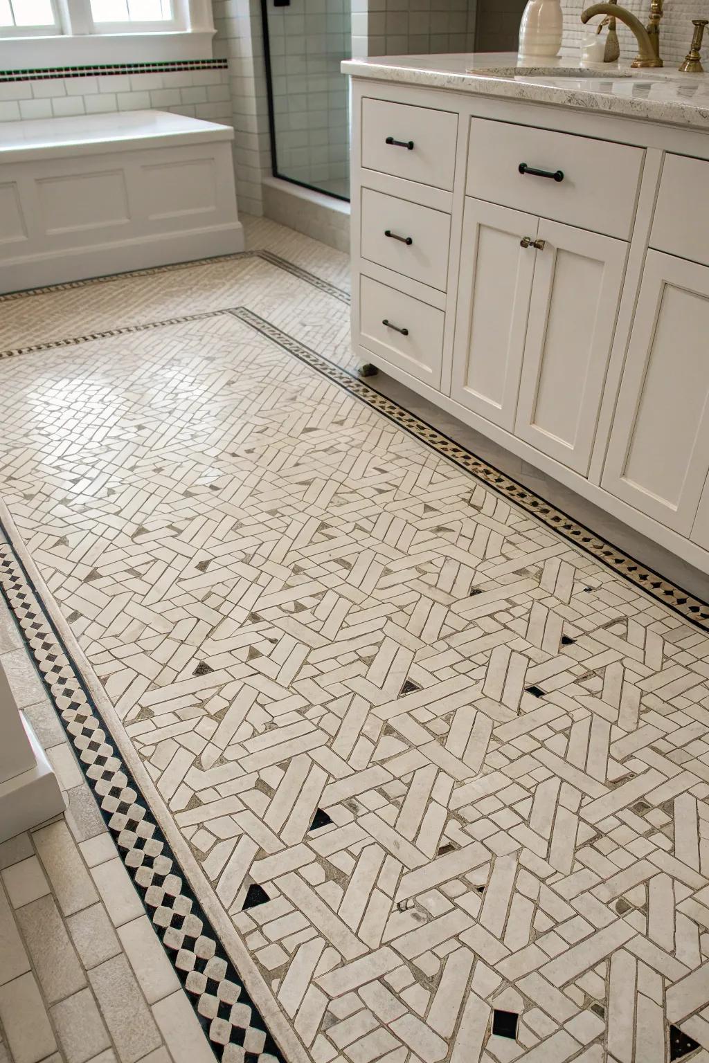 The basketweave arrangement delivers a timeless charm in this stylish restroom.