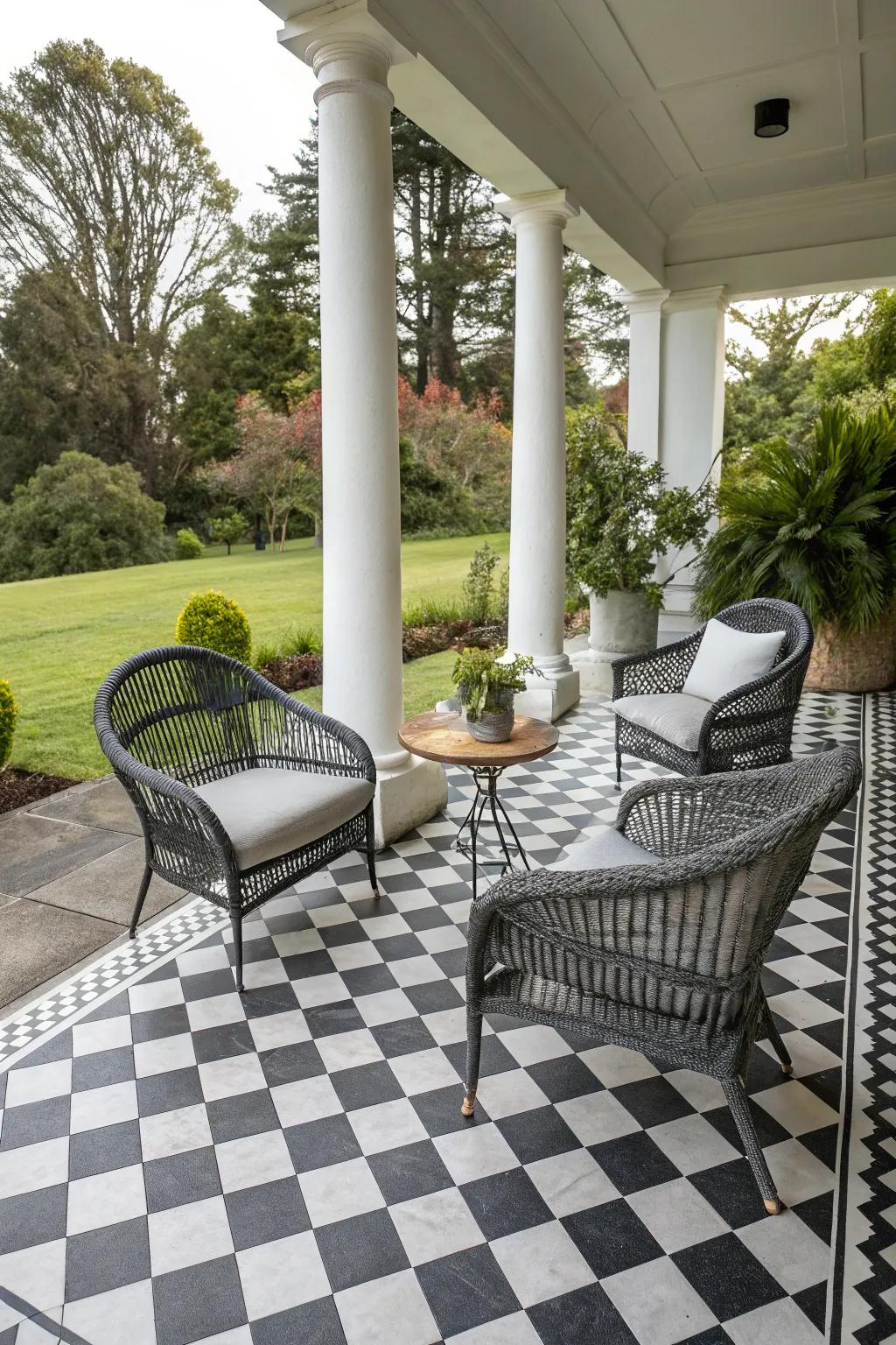 The striking checkerboard layout contributes a remarkable contrast to this porch.