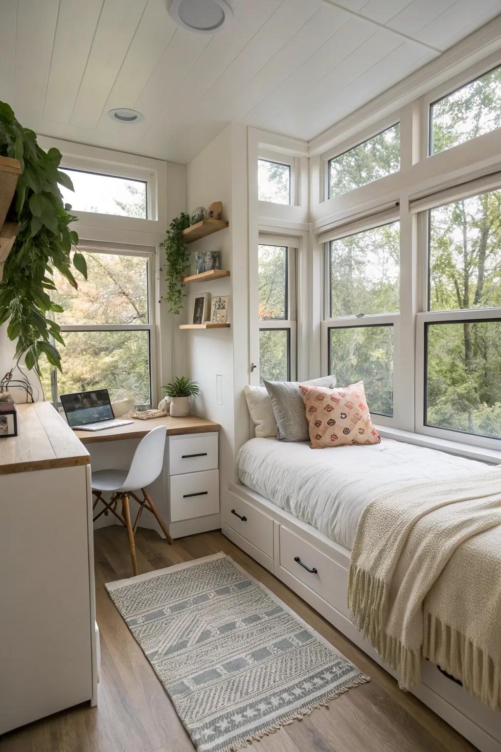 Large windows brighten the small bedroom with natural light.