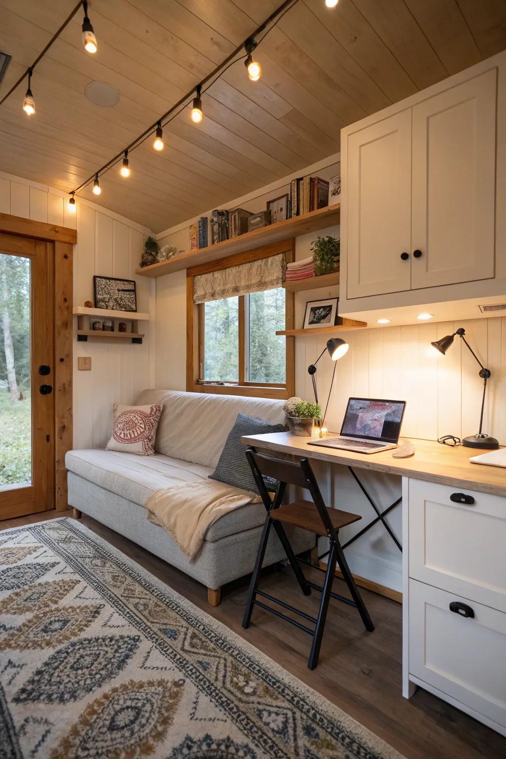Clever furniture choices optimize usefulness in limited spaces.
